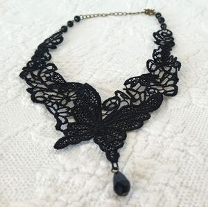 Artisan Black Lace Butterfly Necklace Romantic Whimsigoth Brass Handmade Coquett